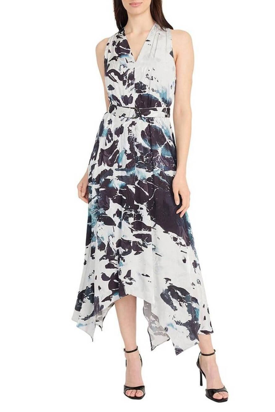 NEW MAGGY LONDON hankerchief maxi dress in blk sl grey